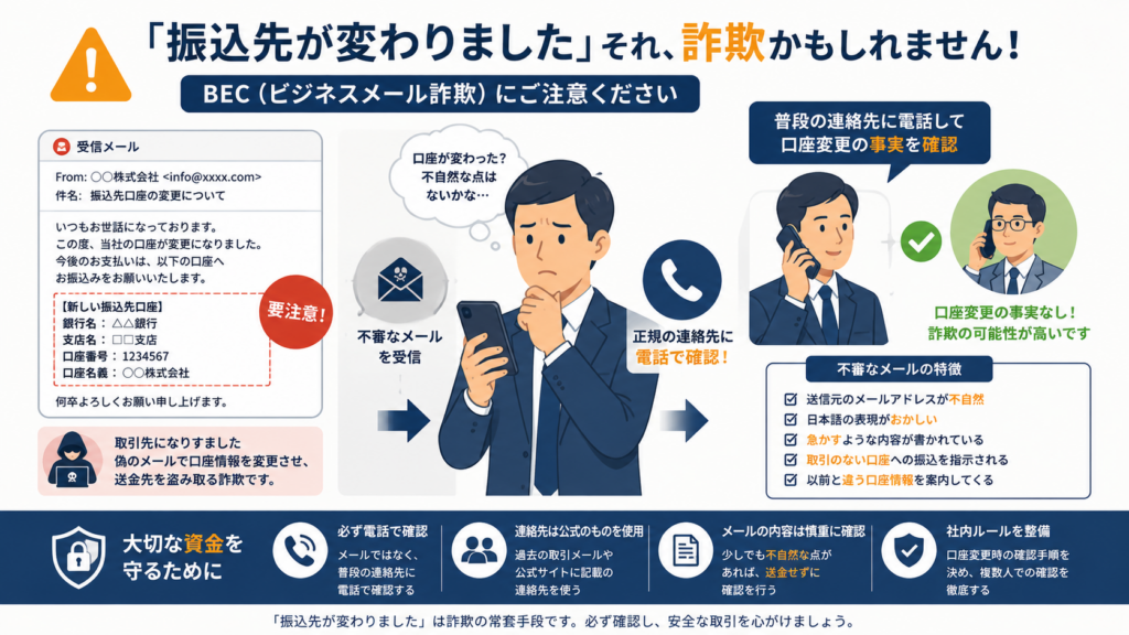 「振込先が変わりました」と偽るBEC(ビジネスメール詐欺)に注意を促す図