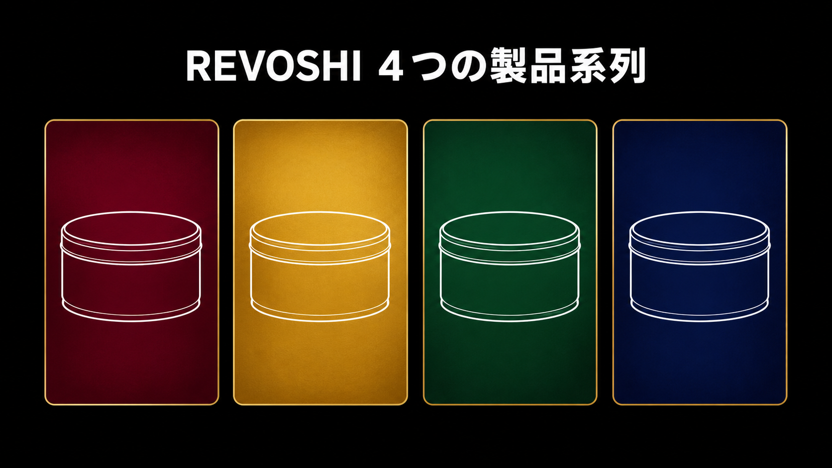 REVOSHIの4つの製品系列を示す4色のカード（臙脂・金・緑・藍）の図解