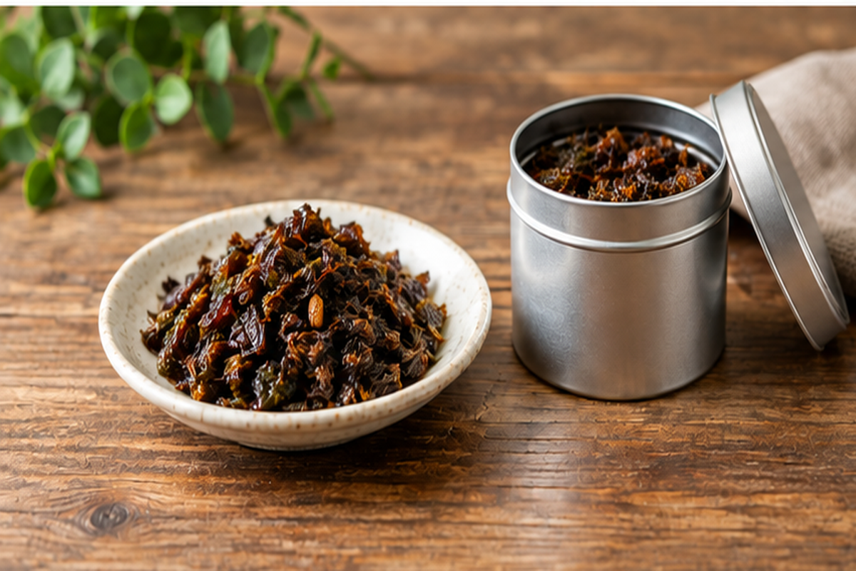 木のテーブルに、茶葉ベースのシーシャ用原料を盛った小皿と、ふたを開けた無地の円筒形の缶が置かれている様子